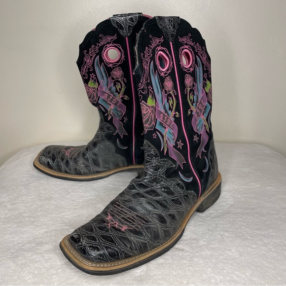 Ariat Rodeobaby Rocker Cowboy Boots Leather Suede Floral Black Pink Size 9 - Picture 2 of 14